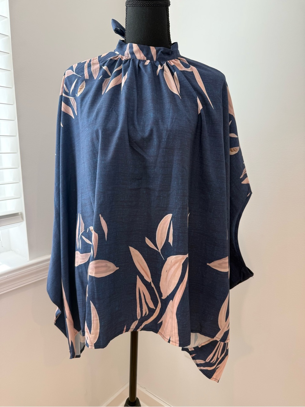 ChicMe Navy Floral Batwing Blouse | High Neck Tie Back Top | Size Medium